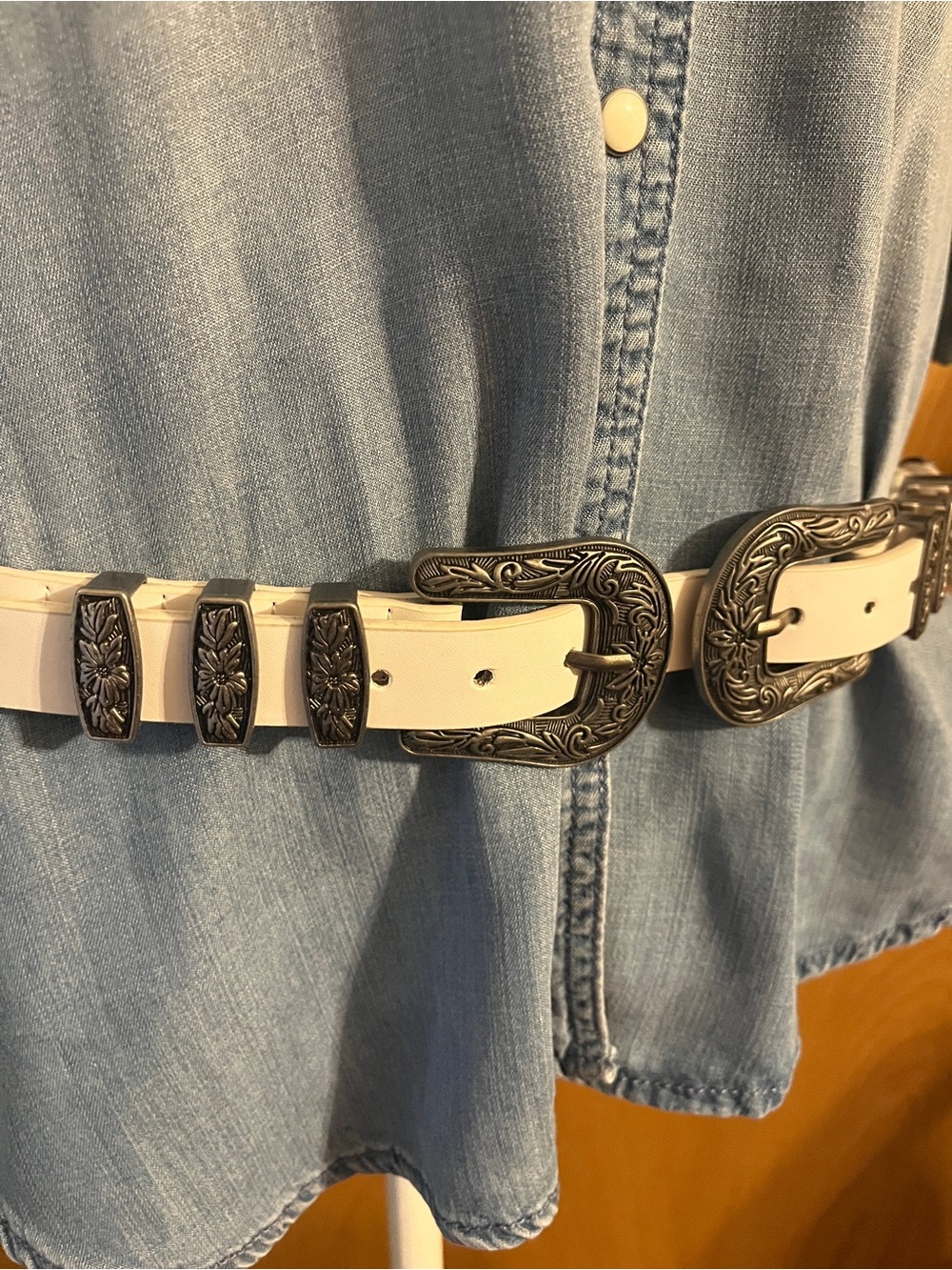 Sz M/L Pinto Ranch Double Silver Buckle White Western Leather Belt Boho